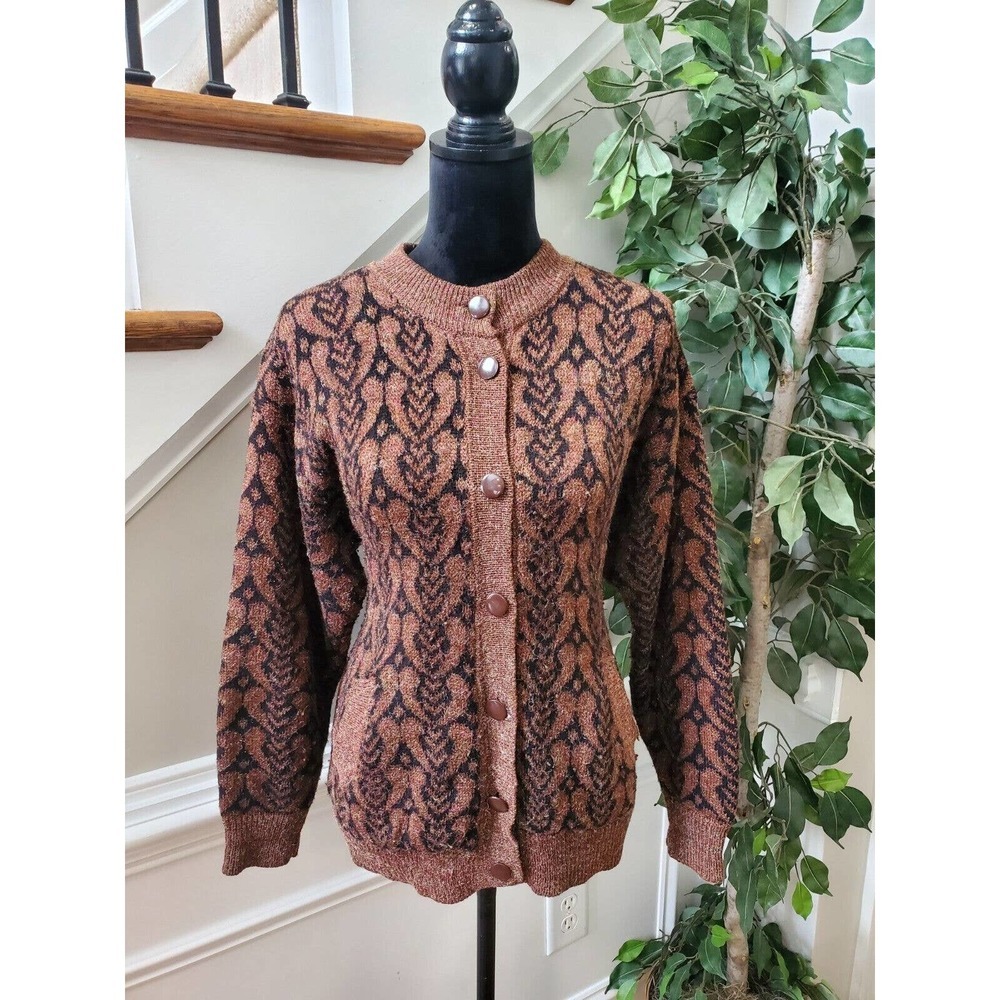 Vintage New Wang Kong & Co. Brown Acrylic Long Sleeve Knit Cardigan Sweater L